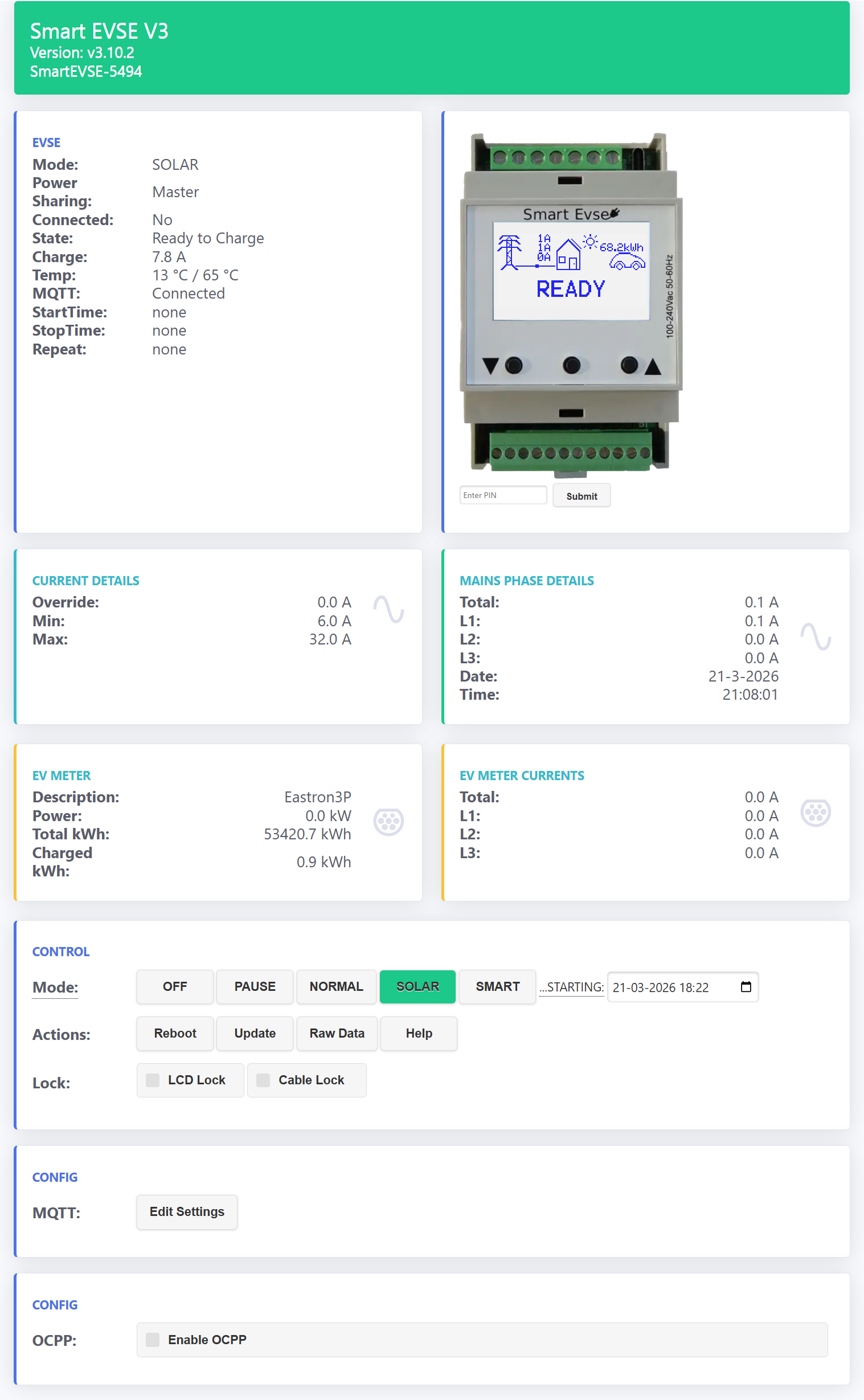SmartEVSE status pagina